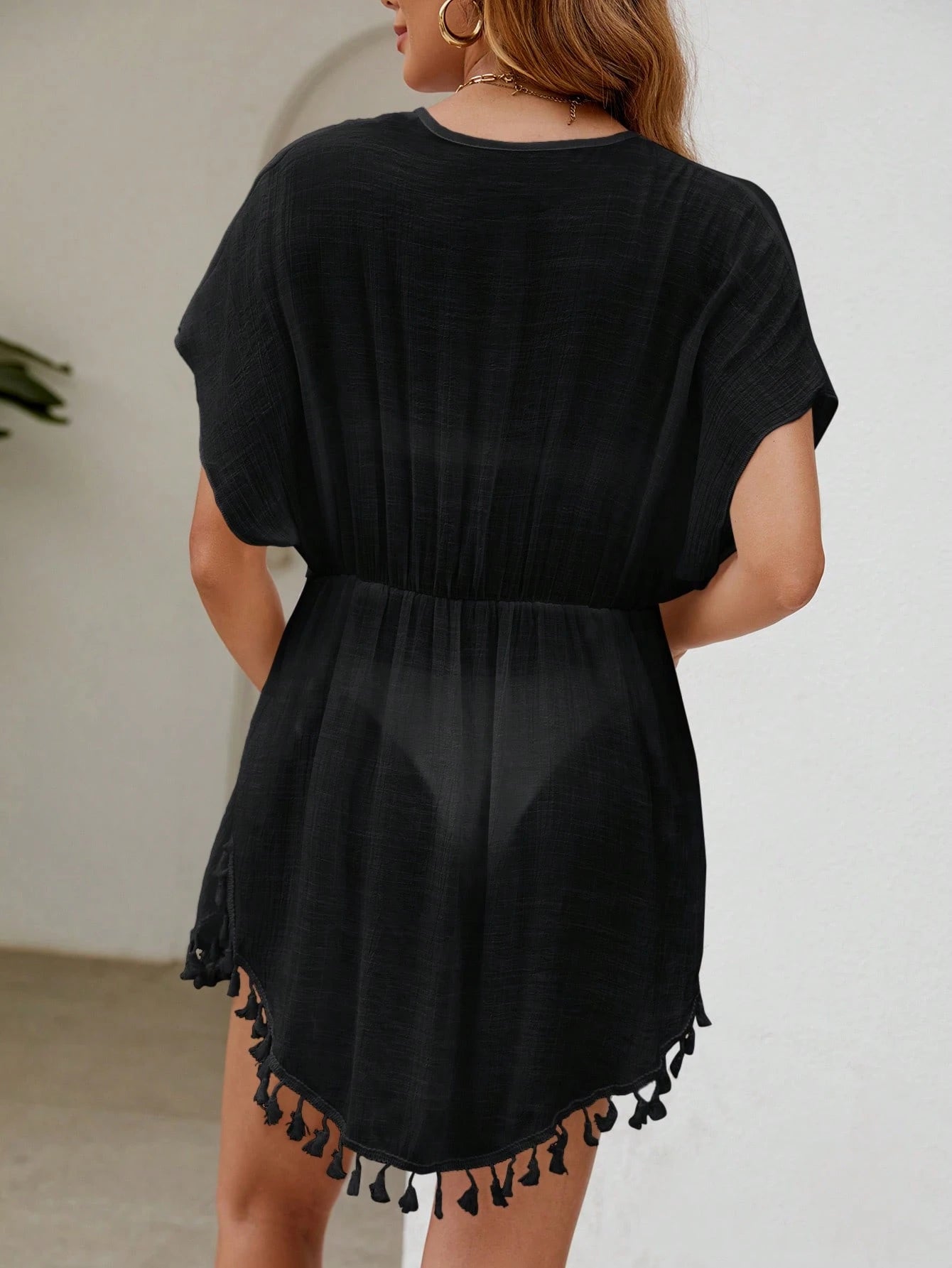 SHEIN Swim Guarnição De Borla Cintura Com Cordão Manga De Asa De Morcego Quimono