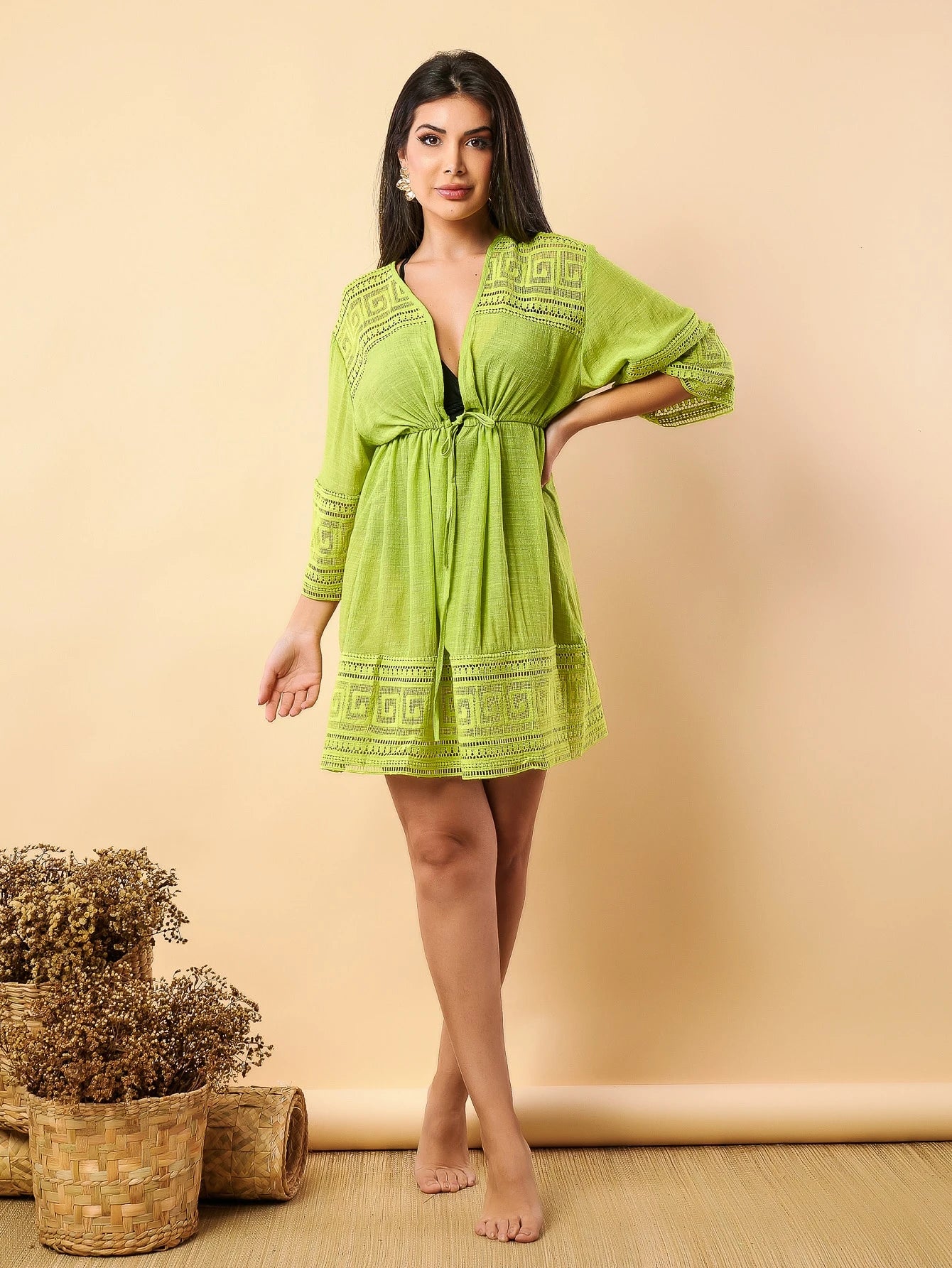 Vendedor IndicadoSAIDA DE PRAIA FEMININA KIMONO LACAMENTO MANGA LONGA