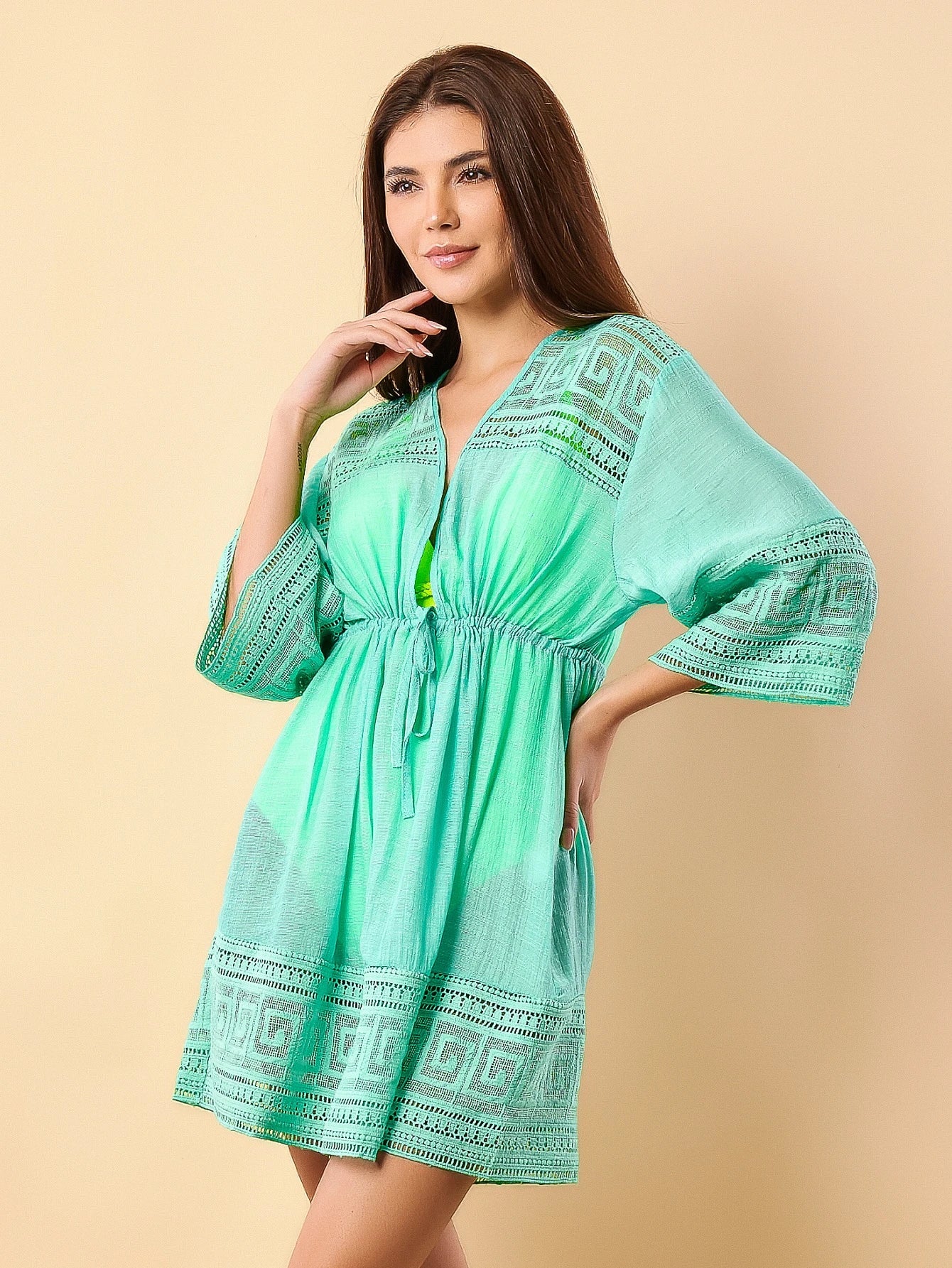 Vendedor IndicadoSAIDA DE PRAIA FEMININA KIMONO LACAMENTO MANGA LONGA