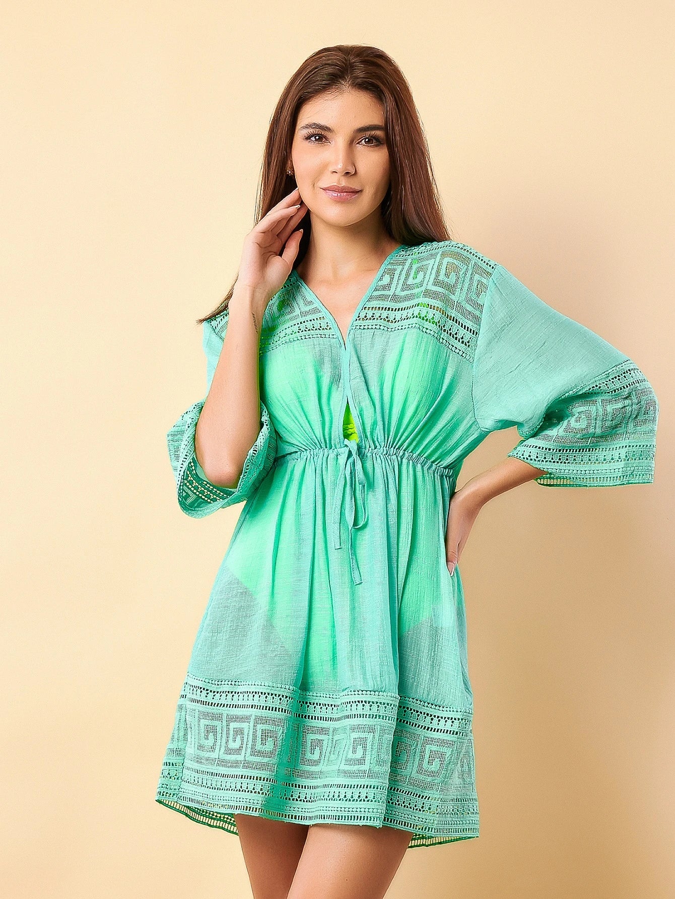 Vendedor IndicadoSAIDA DE PRAIA FEMININA KIMONO LACAMENTO MANGA LONGA