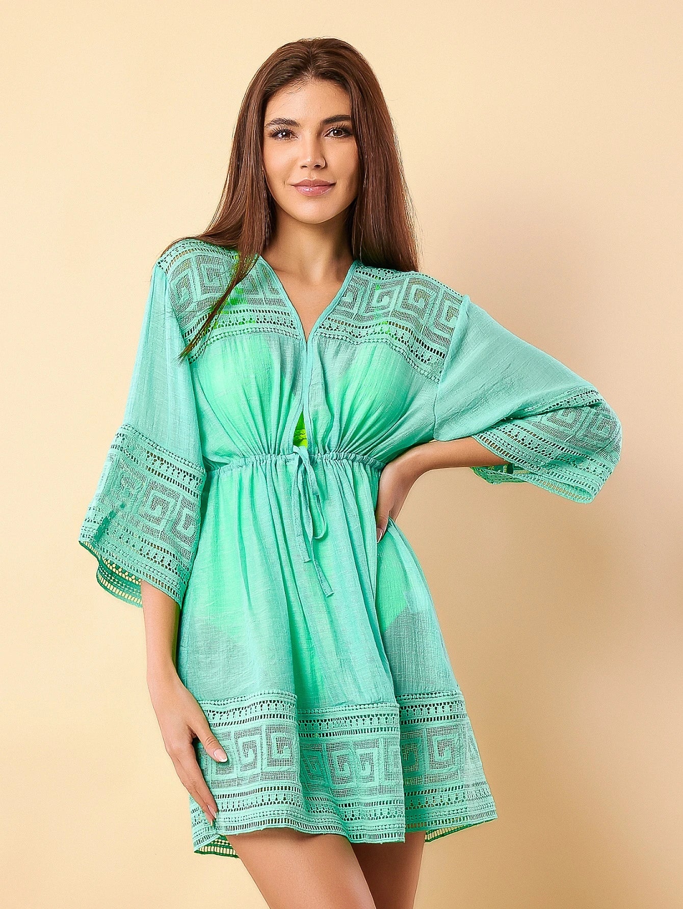 Vendedor IndicadoSAIDA DE PRAIA FEMININA KIMONO LACAMENTO MANGA LONGA