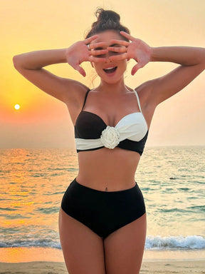 SHEIN Swim Conjunto de Maiô Bikini 3D Floral com Bloco de Cores de Praia de Verão