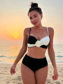 SHEIN Swim Conjunto de Maiô Bikini 3D Floral com Bloco de Cores de Praia de Verão
