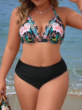 Swim Vcay Conjunto De Biquíni Feminino Plus Size Com Estampa Floral E Gola Halter Com Amarração Na Parte Inferior Lateral