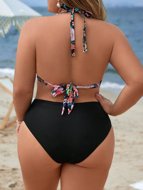Swim Vcay Conjunto De Biquíni Feminino Plus Size Com Estampa Floral E Gola Halter Com Amarração Na Parte Inferior Lateral