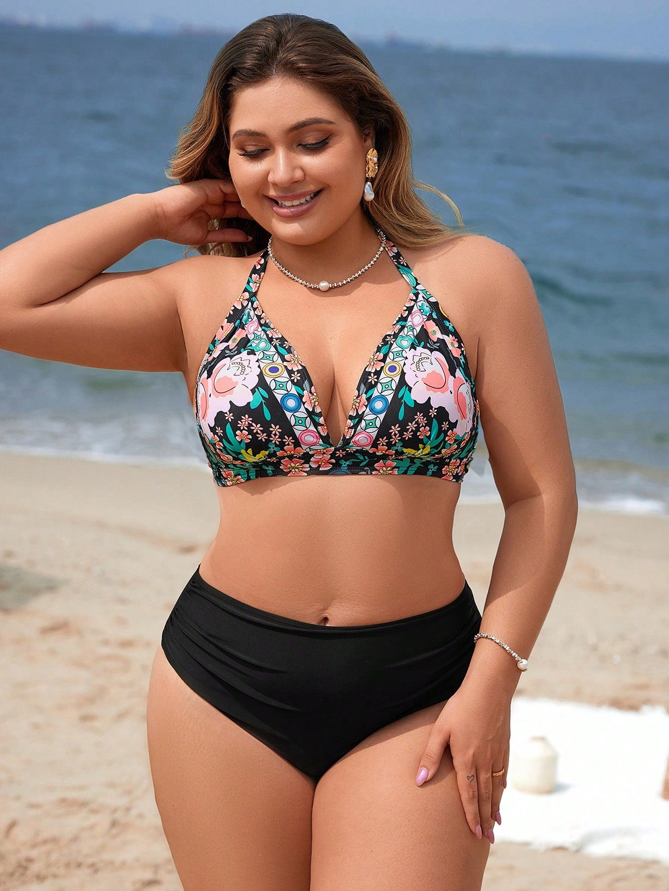 Swim Vcay Conjunto De Biquíni Feminino Plus Size Com Estampa Floral E Gola Halter Com Amarração Na Parte Inferior Lateral