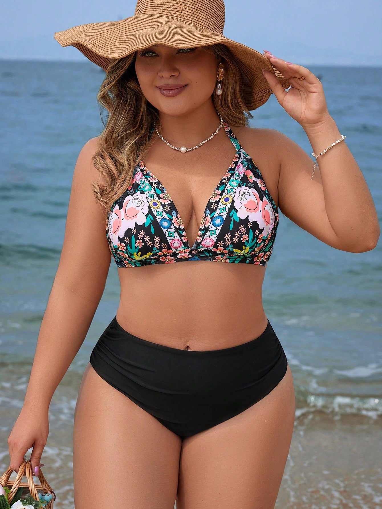 Swim Vcay Conjunto De Biquíni Feminino Plus Size Com Estampa Floral E Gola Halter Com Amarração Na Parte Inferior Lateral