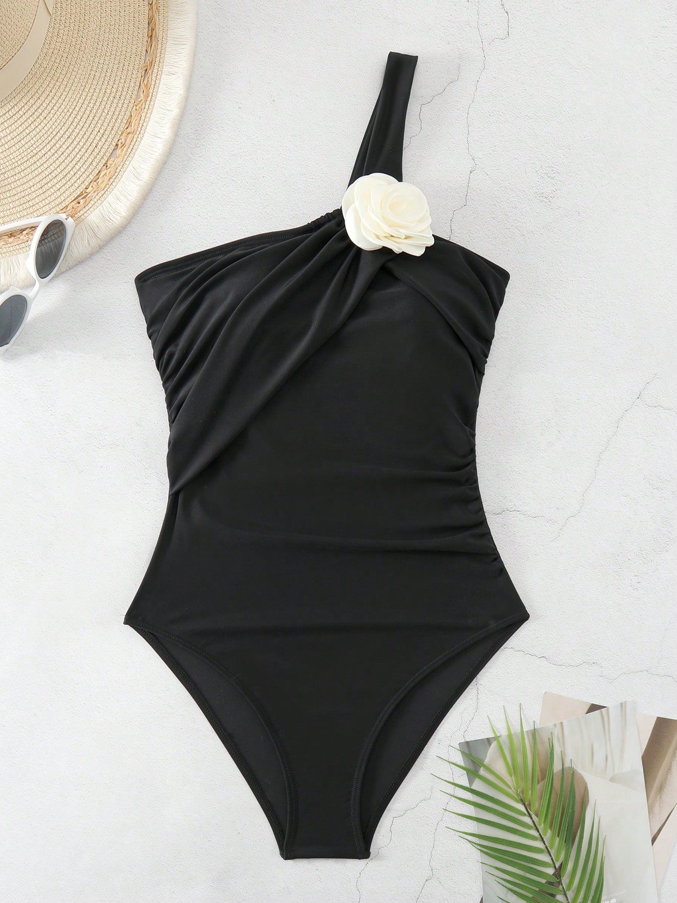 SHEIN Swim Maiô De Um Ombro Feminino Com Decoração De Flores Em 3d