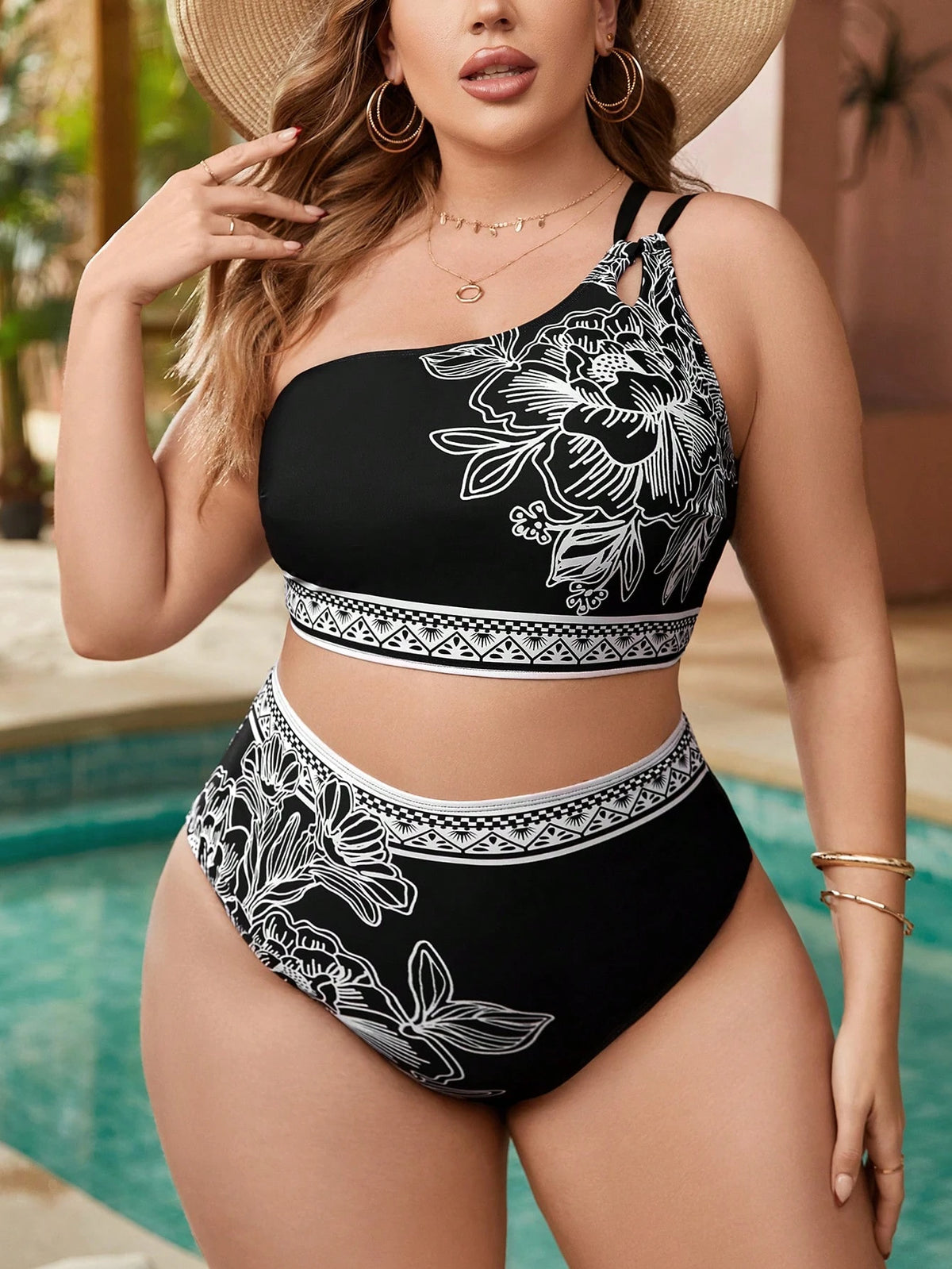 Swim Lushoire Conjunto de Maiô Bikini de Ombro Único Estampado para Mulheres Plus Size, Praia de Verão