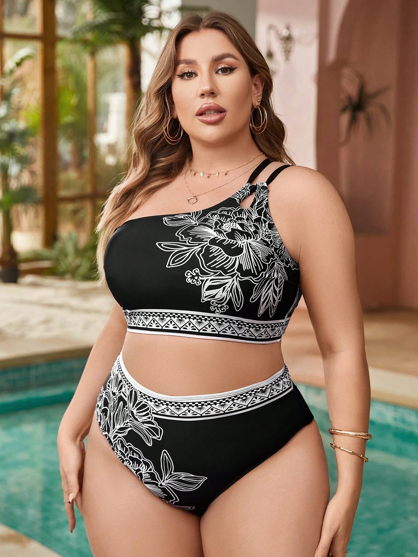 Swim Lushoire Conjunto de Maiô Bikini de Ombro Único Estampado para Mulheres Plus Size, Praia de Verão