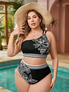 Swim Lushoire Conjunto de Maiô Bikini de Ombro Único Estampado para Mulheres Plus Size, Praia de Verão
