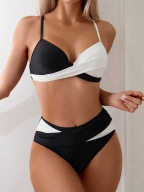 SHEIN Swim Conjunto de Bikini feminino com detalhe transversal em blocos de cores para o verão na praia