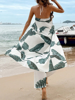 Breezaya Conjunto De Duas Peças Com Top Halter De Fenda Alta E Calça Boca Larga Com Cintura Elástica Com Estampa De Planta Tropical Para Primavera E Verão
