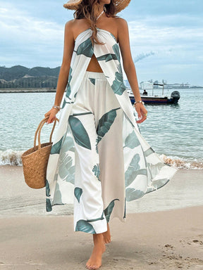 Breezaya Conjunto De Duas Peças Com Top Halter De Fenda Alta E Calça Boca Larga Com Cintura Elástica Com Estampa De Planta Tropical Para Primavera E Verão