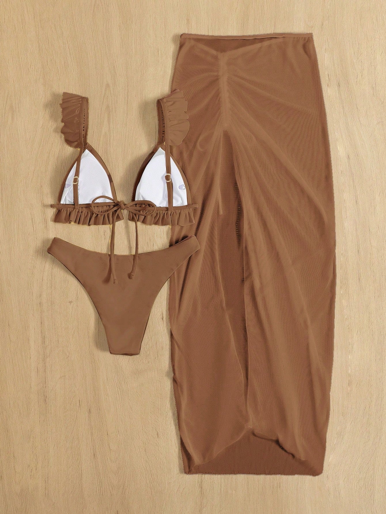 SHEIN Swim Conjunto de biquíni sólido acabamento de folho top & atrevido de baixo & saia de praia 3 peças roupa de banho