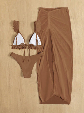 SHEIN Swim Conjunto de biquíni sólido acabamento de folho top & atrevido de baixo & saia de praia 3 peças roupa de banho