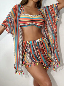 SHEIN Swim 4 Peças Conjunto de Maiô Bikini com Top Franzido de Estampa Geométrica, Parte de Baixo de Maiô Bikini de Padrão Geométrico, Cardigan Colorido com Franjas e Shorts Coloridos com Franjas, Carnaval de Verão