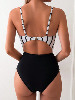 SHEIN Swim Maiô Feminino Listrado Com Recortes Na Cintura E Alças De Espaguete Preto E Branco Para Verão, Praia, Natação E Férias