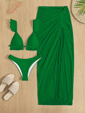 SHEIN Swim Conjunto de biquíni sólido acabamento de folho top & atrevido de baixo & saia de praia 3 peças roupa de banho