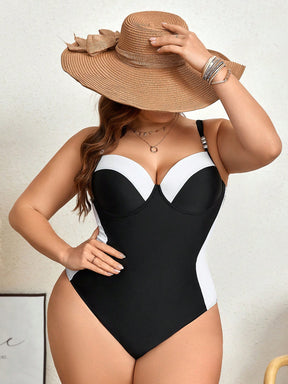 Swim Chiccia Maiô Plus Size com Bloco de Cores para Verão na Praia, Adequado para Férias na Praia e Natação