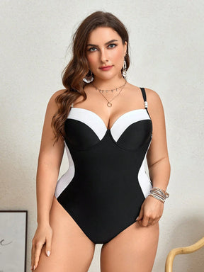 Swim Chiccia Maiô Plus Size com Bloco de Cores para Verão na Praia, Adequado para Férias na Praia e Natação
