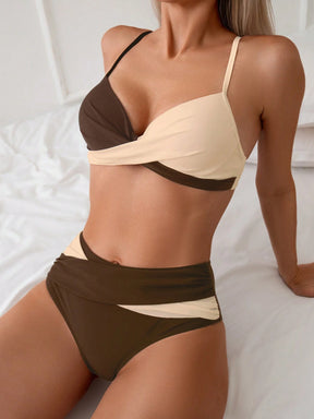 SHEIN Swim Conjunto de Bikini feminino com detalhe transversal em blocos de cores para o verão na praia