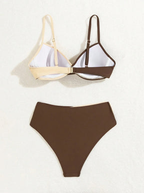 SHEIN Swim Conjunto de Bikini feminino com detalhe transversal em blocos de cores para o verão na praia