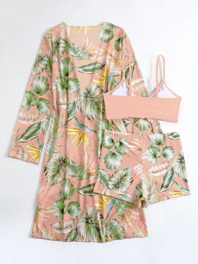 SHEIN Swim Conjunto de Maiô Bikini com alças finas e estampa contrastante de praia tropical de verão e quimono com estampa tropical