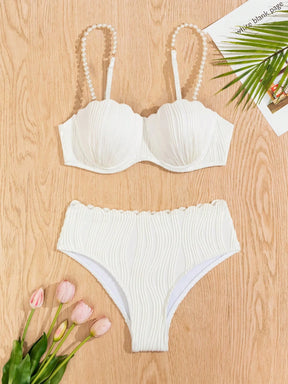 Conjunto de Maiô Bikini Sexy Feminino para o Verão na Praia com tiras de ombro decoradas com pérolas falsas