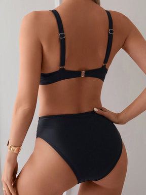 Swim Basics Conjunto de Maiô Bikini de duas peças com alças de costas recortadas em cor sólida, verão de praia
