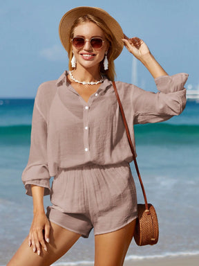 SHEIN Swim Sólido Botão Frontal Conjunto De Cobertura