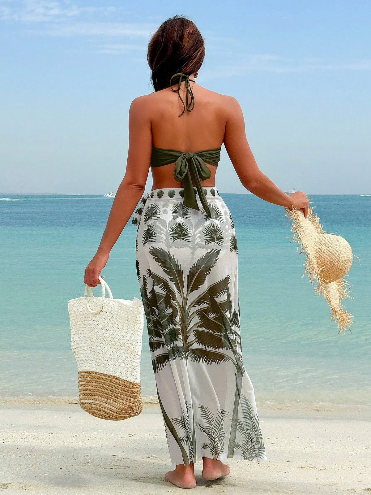 Swim Vcay Conjunto de Maiô Bikini Halter estampado para mulheres, estilo de férias de verão na praia com saia de cobertura