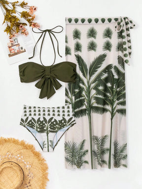 Swim Vcay Conjunto de Maiô Bikini Halter estampado para mulheres, estilo de férias de verão na praia com saia de cobertura