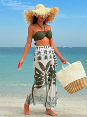 Swim Vcay Conjunto de Maiô Bikini Halter estampado para mulheres, estilo de férias de verão na praia com saia de cobertura