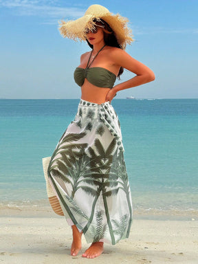 Swim Vcay Conjunto de Maiô Bikini Halter estampado para mulheres, estilo de férias de verão na praia com saia de cobertura
