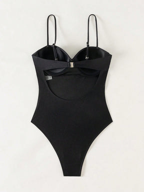 SHEIN Swim 1 Peça Macacão de Banho Feminino de Cor Sólida, com Alças de Espaguete Torcidas, para Verão, com Suporte Interno e Efeito Push-Up