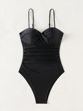 SHEIN Swim 1 Peça Macacão de Banho Feminino de Cor Sólida, com Alças de Espaguete Torcidas, para Verão, com Suporte Interno e Efeito Push-Up