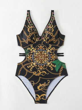 SHEIN Swim Maiô de uma peça com armação para senhoras, de praia de verão, com posicionamento de estampa e direitos autorais adquiridos