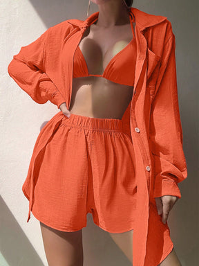 SHEIN Swim Conjunto de camisa de botão frontal com gola dobrável e shorts de cor sólida para cobrir a praia no verão