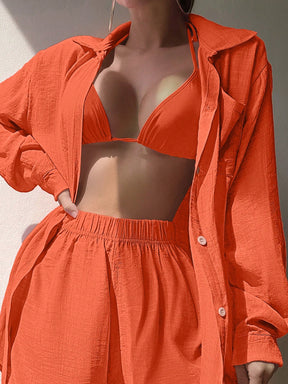 SHEIN Swim Conjunto de camisa de botão frontal com gola dobrável e shorts de cor sólida para cobrir a praia no verão
