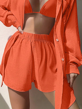 SHEIN Swim Conjunto de camisa de botão frontal com gola dobrável e shorts de cor sólida para cobrir a praia no verão