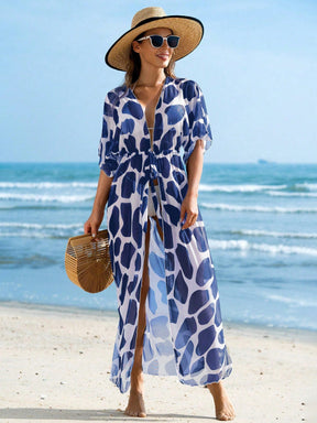 Swim Lushoire Quimono estilo praia com estampa de vaca, mangas murciélago e cinto de amarração na cintura para as férias de verão.