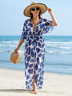 Swim Lushoire Quimono estilo praia com estampa de vaca, mangas murciélago e cinto de amarração na cintura para as férias de verão.