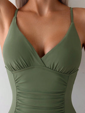 SHEIN Swim Maiô de uma peça para mulher com cor sólida e franzido, com alça de ombro ajustável, perfeito para praia e férias, verão na praia.