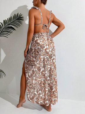 SHEIN Swim Conjunto de biquíni sólido acabamento de folho top & atrevido de baixo & saia de praia 3 peças roupa de banho