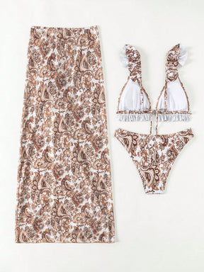 SHEIN Swim Conjunto de biquíni sólido acabamento de folho top & atrevido de baixo & saia de praia 3 peças roupa de banho