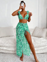 SHEIN Swim Conjunto de biquíni sólido acabamento de folho top & atrevido de baixo & saia de praia 3 peças roupa de banho