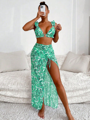 SHEIN Swim Conjunto de biquíni sólido acabamento de folho top & atrevido de baixo & saia de praia 3 peças roupa de banho