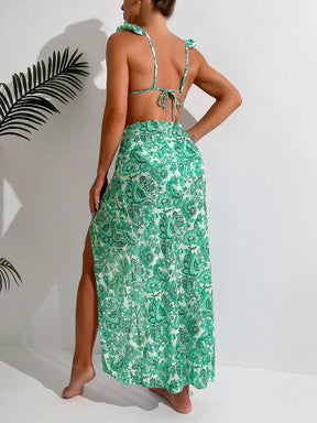 SHEIN Swim Conjunto de biquíni sólido acabamento de folho top & atrevido de baixo & saia de praia 3 peças roupa de banho