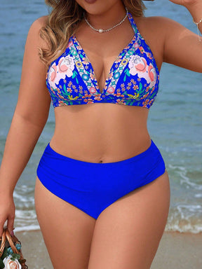 Swim Vcay Conjunto De Biquíni Feminino Plus Size Com Estampa Floral E Gola Halter Com Amarração Na Parte Inferior Lateral